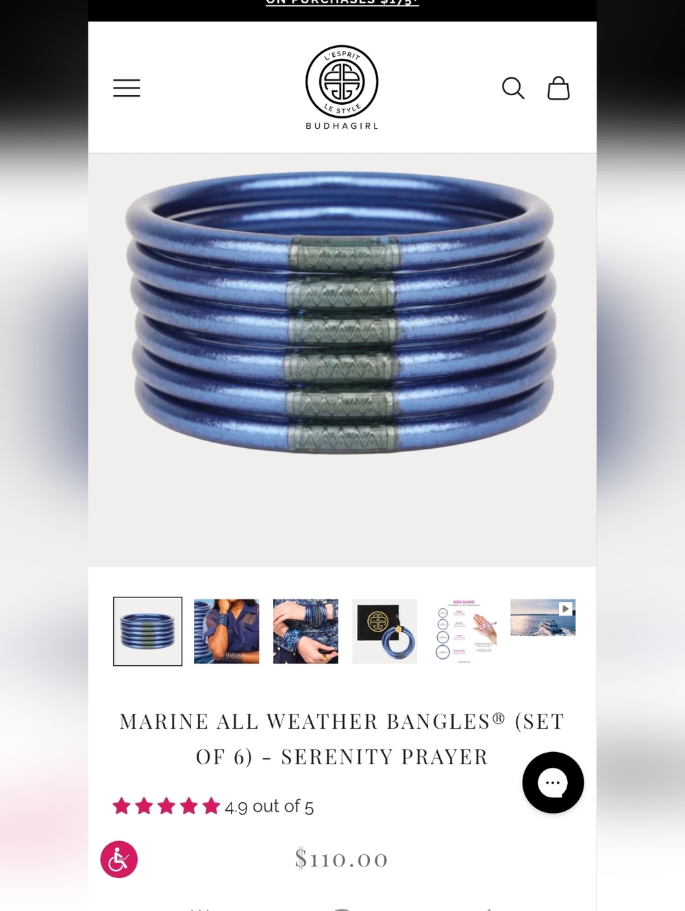 Budhagirl All-Weather Marine Blue Bangle Set Of 6 Small Nwt
